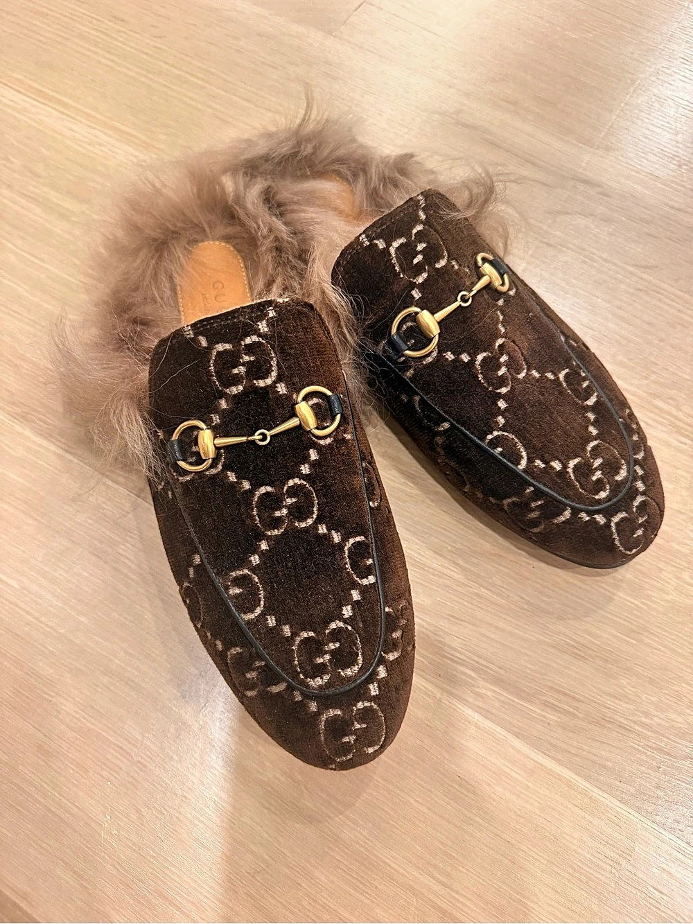 Gucci Princetown GG Velvet Fur-Lined Mule Brown EU 38